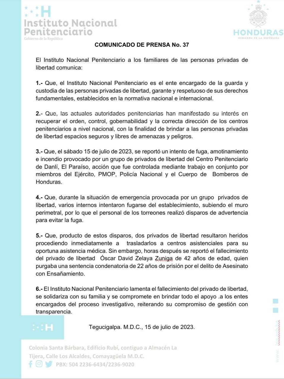 Muere uno de los reos que resultó herido tras amotinamiento en centro penal de Danlí