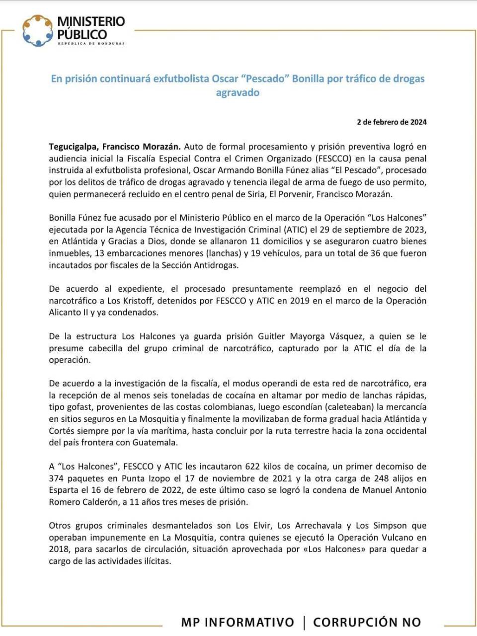 Dictan prisión preventiva a Óscar “Pescado” Bonilla; seguirá detenido en cárcel de Siria