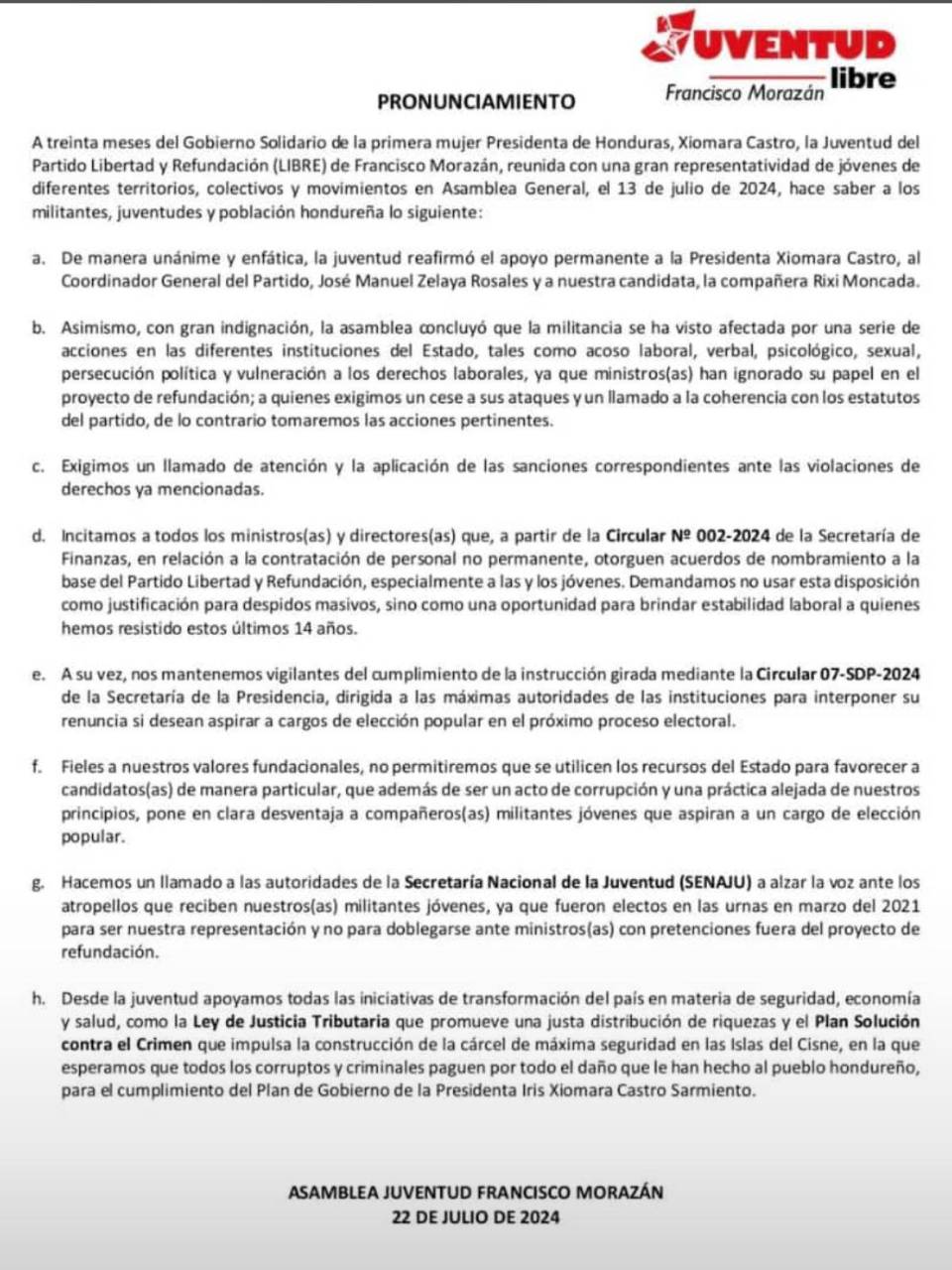 Juventud de Libre denuncia acoso laboral y persecución política en instituciones