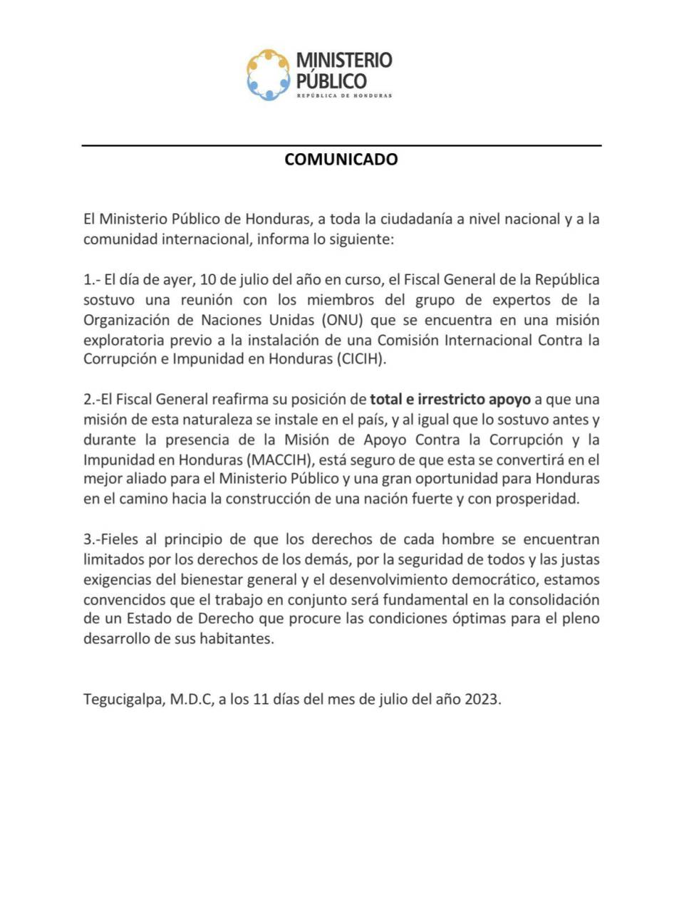 Fiscal general muestra su apoyo para instalación de la CICIH en Honduras