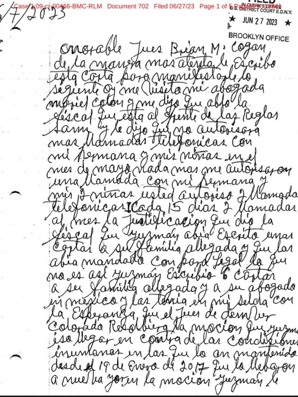 ¿Qué dice la carta que “El Chapo” Guzmán envió desde la cárcel a un juez de EEUU?