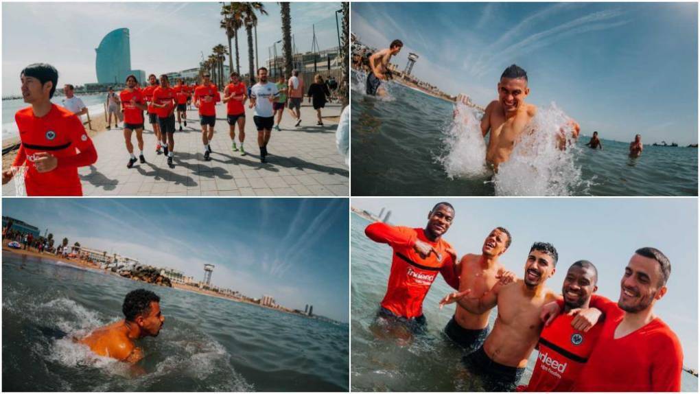 Futbolistas del Eintracht Frankfurt festejan clasificación en la playa de Barcelona