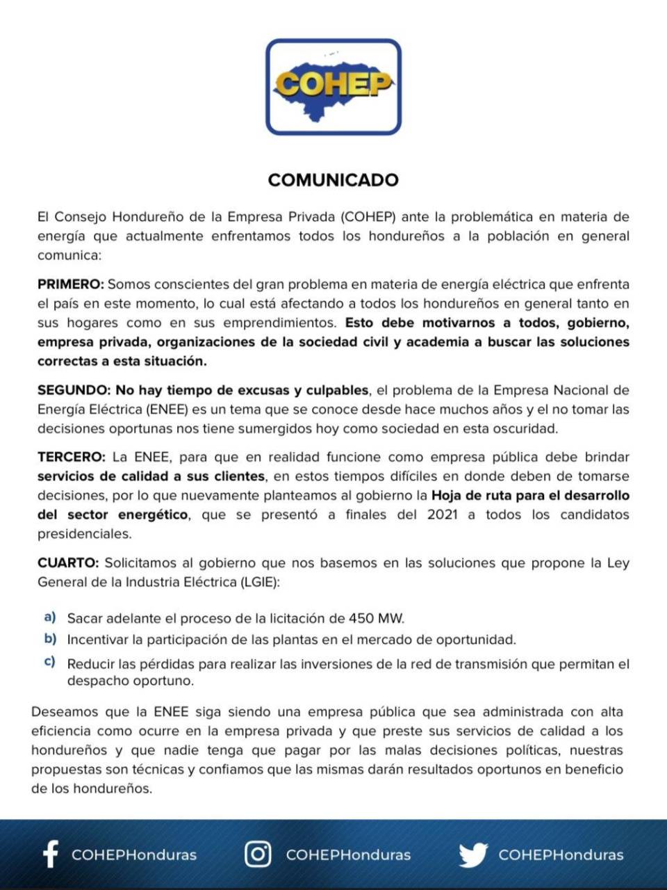 Empresas generadoras cumplen, pero crisis energética se atribuye a decisiones gubernamentales, según Cohep