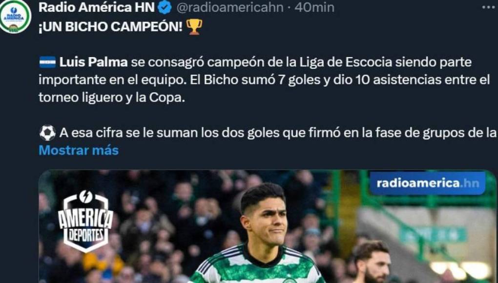 Prensa hondureña se rinde ante Luis Palma, campeón con el Celtic de Escocia