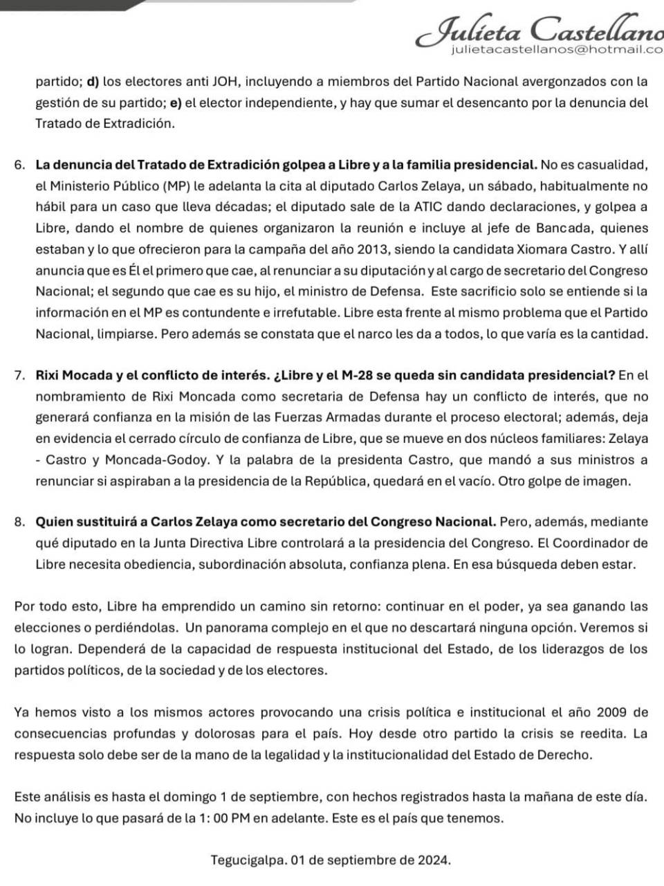 Julieta Castellanos: “Libre está con el mismo problema del Partido Nacional, el narco les da a todos”