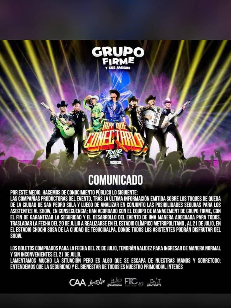 Grupo Firme traslada su concierto a Tegucigalpa por toque de queda en San Pedro Sula