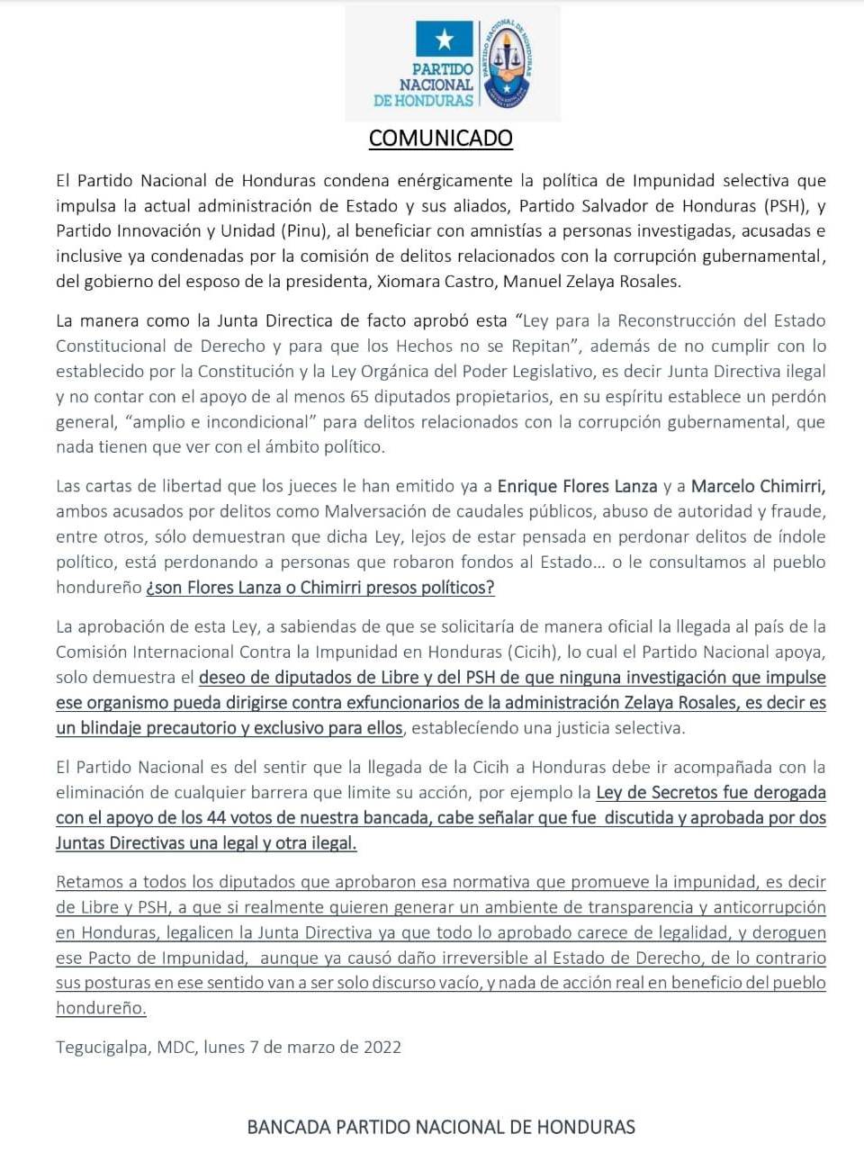 Comunicado emitido por la bancada del Partido Nacional.