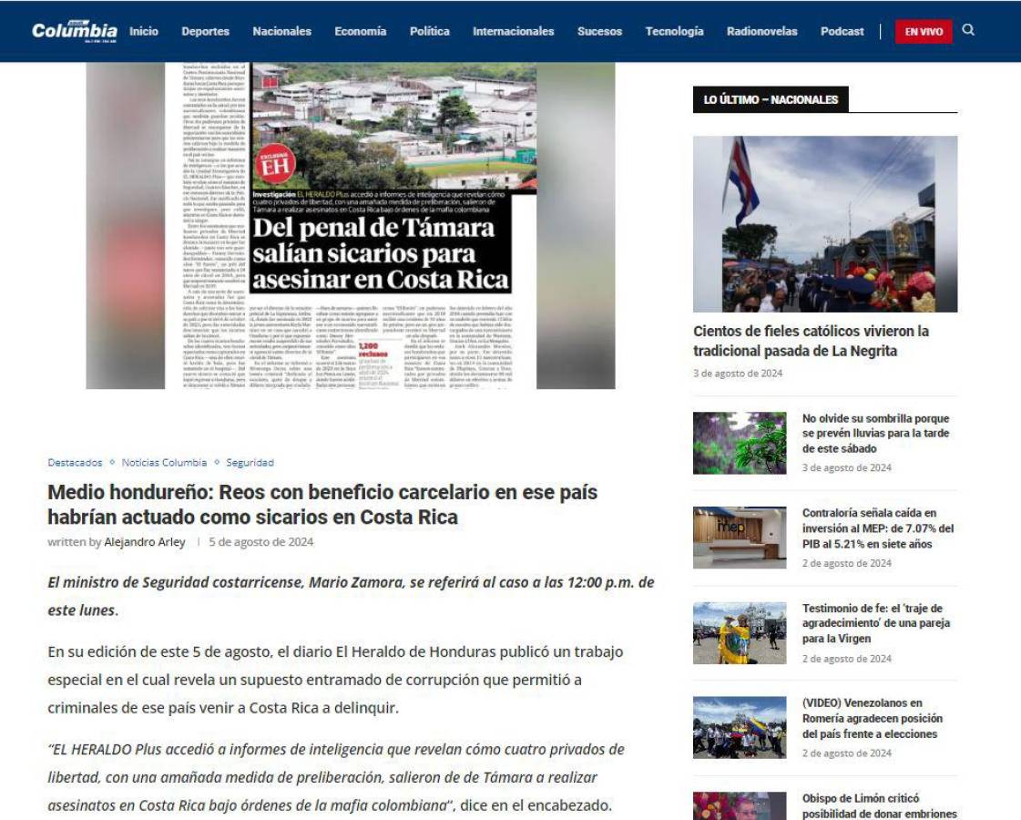 Medios de Costa Rica resaltan investigación de EL HERALDO sobre sicarios que salieron de Támara