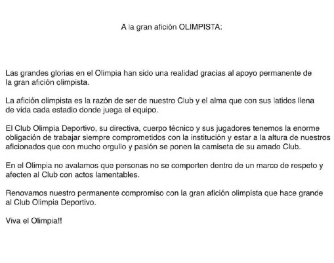 Rafael Ferrari hace un llamado a la afición del Olimpia para evitar malos comportamientos