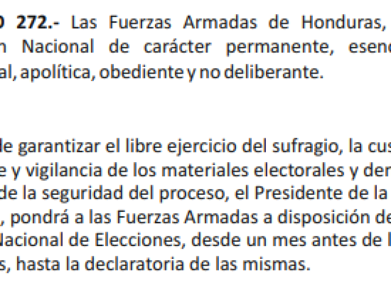 El artículo 272 de la Constitución de la República de Honduras dice que las Fuerzas Armadas son apolíticas.