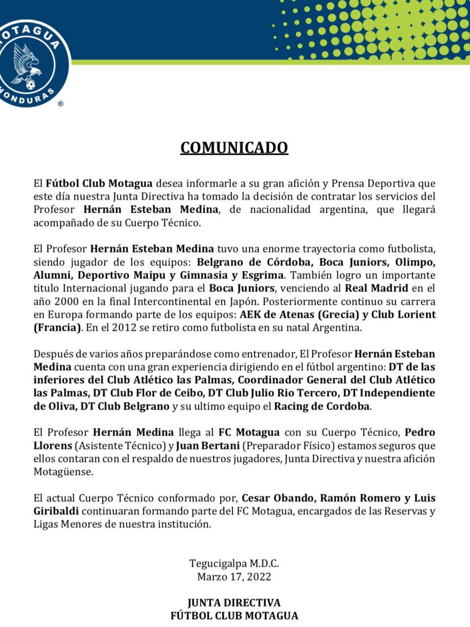 El comunicado oficial de Motagua.