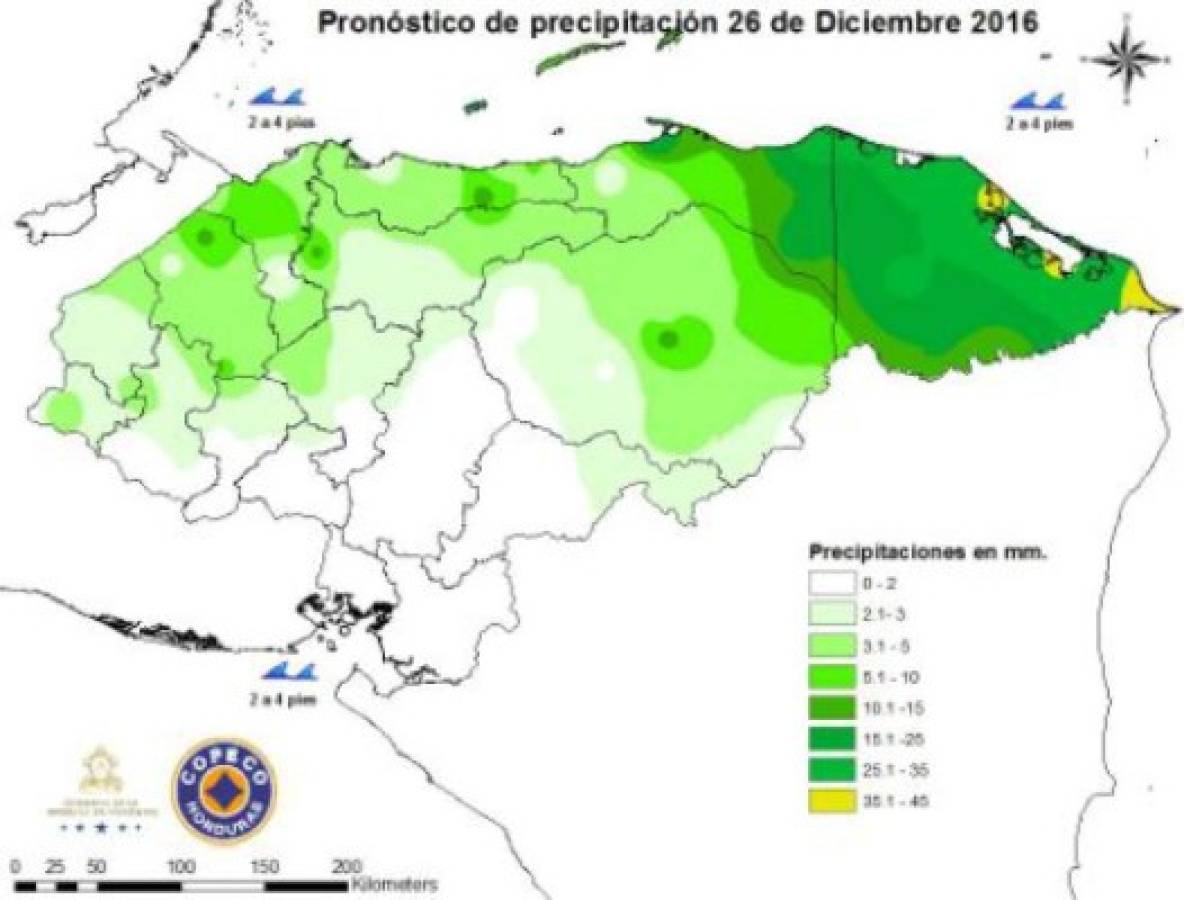 Las zonas de verde más intensas corresponden a más lluvias (Foto: Copeco/ El Heraldo Honduras/ Noticias de Honduras)