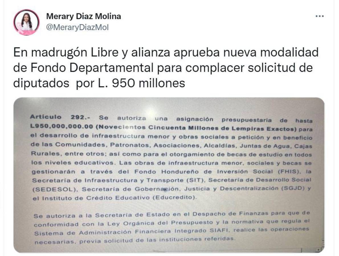 Denuncian que “Libre aprueba nueva modalidad de Fondo Departamental por L 950 millones”