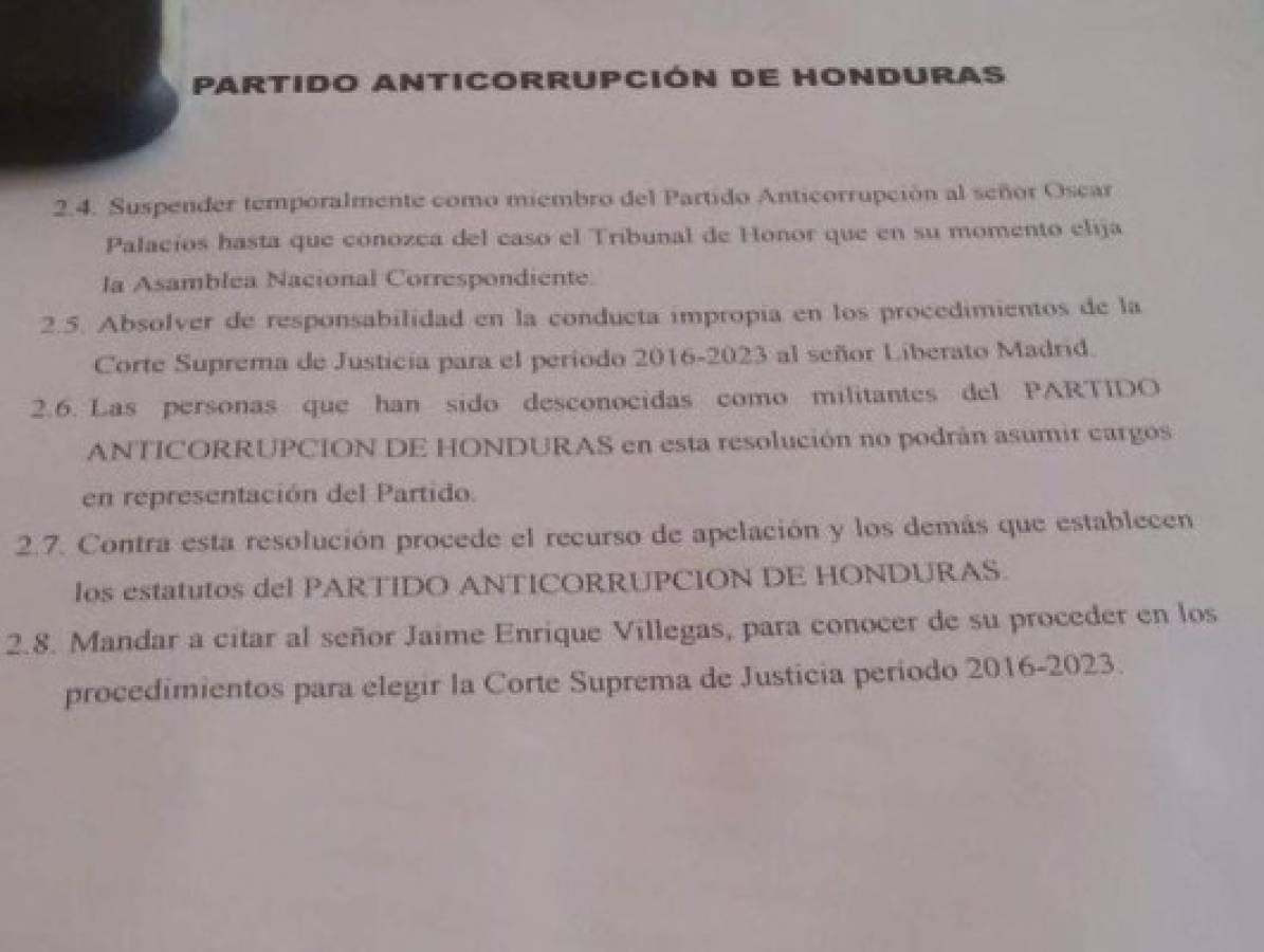 Numerales restantes del acta emitida este viernes por el Partido Anticorrupción.