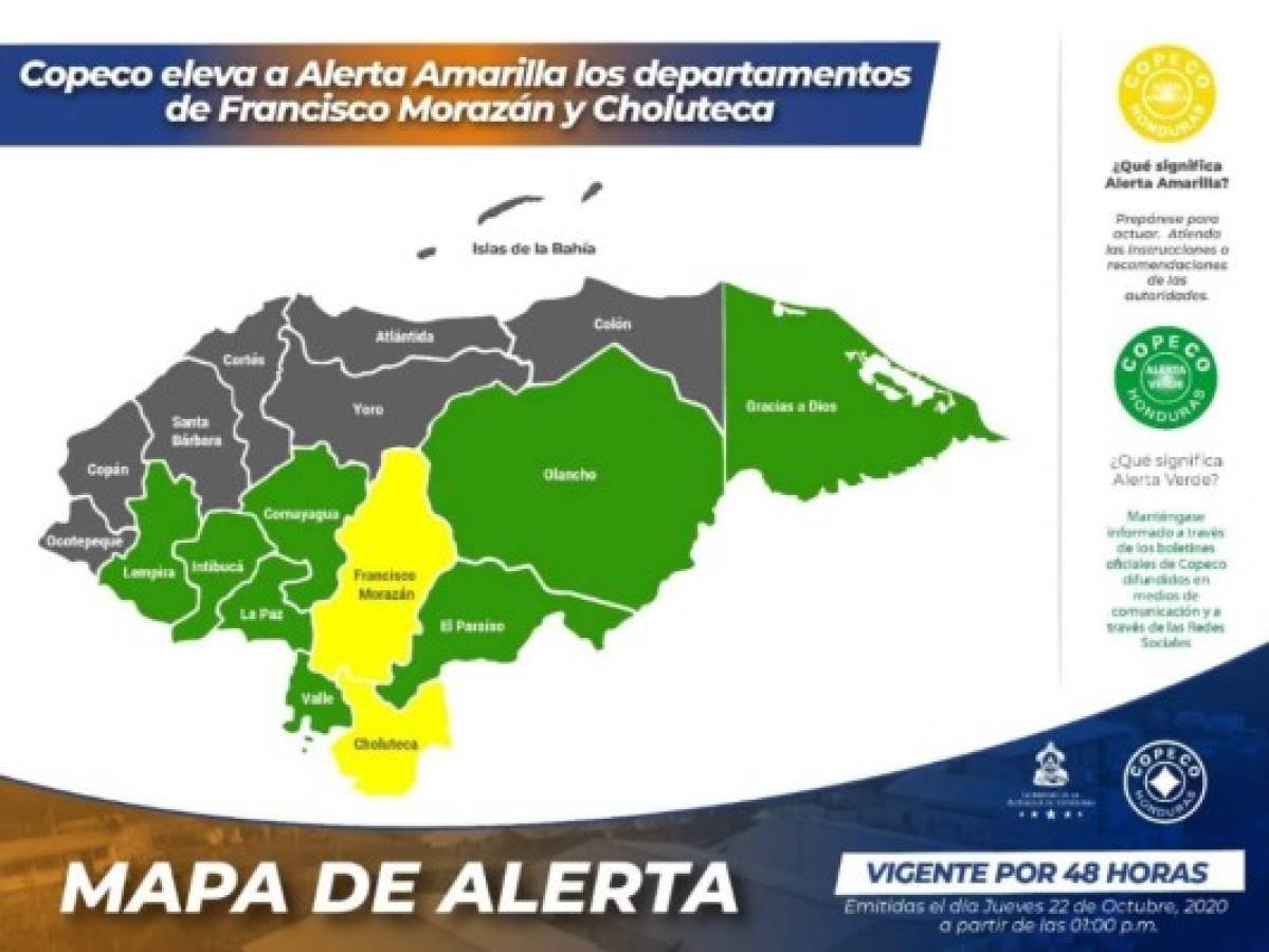 En el mapa proporcionado por Copeco se muestran los lugares que se cree estarán siendo más afectados por las lluvias.