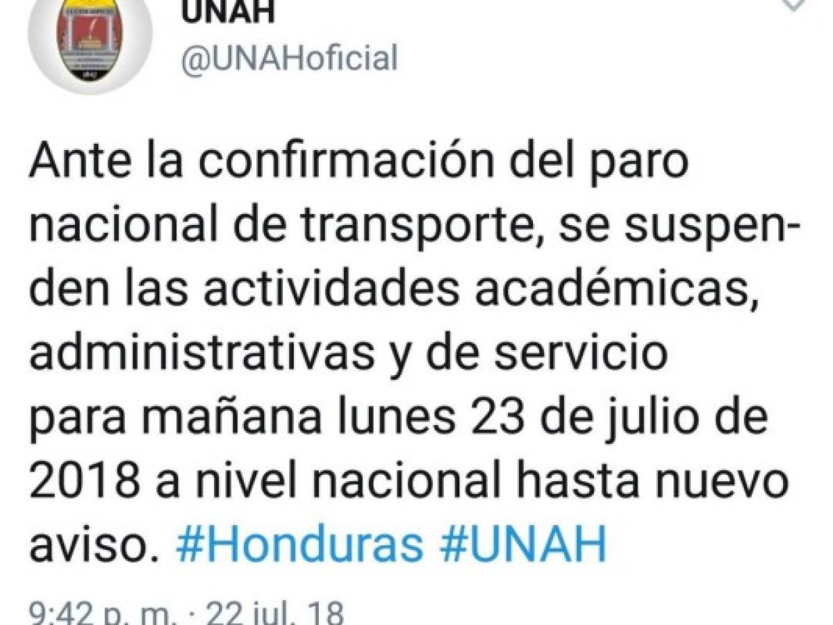 UNAH suspende las clases a nivel nacional tras confirmación del paro del transporte