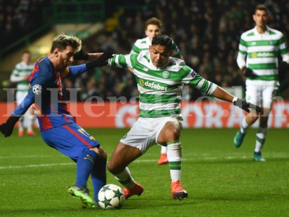 Emilio Izaguirre marcando a Lio Messi en el juego entre el Celtic y Barcelona por la Liga de Campeones 2016-2017 en Glasgow. Foto: Agencias / El Heraldo.