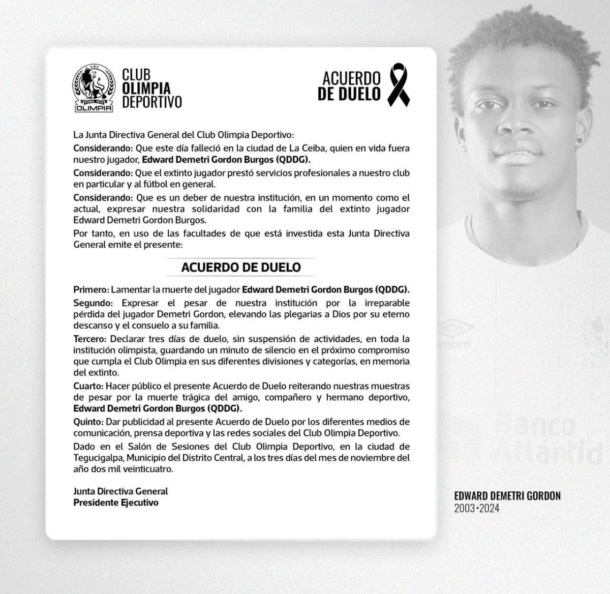 Prensa deportiva y jugadores reaccionan a muerte de Demetri Gordon, jugador del Olimpia