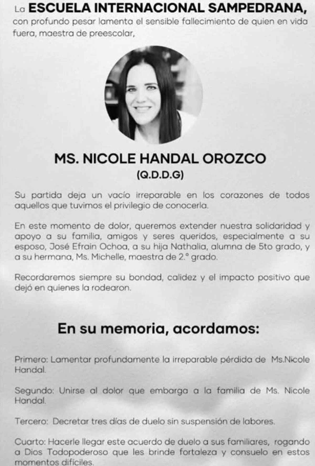 Así era Nicole Handal, maestra encontrada sin vida en su habitación en SPS