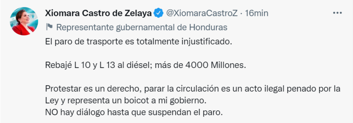 Xiomara Castro advierte a transportistas: “No hay diálogo hasta que suspendan el paro”