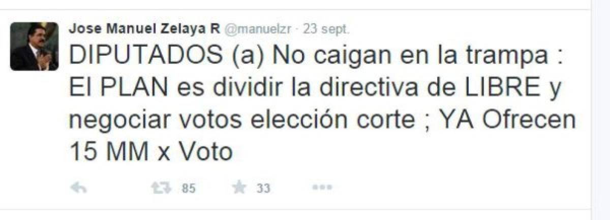 El tuit donde Manuel Zelaya hace alusión a una supuesta negociación de votos.