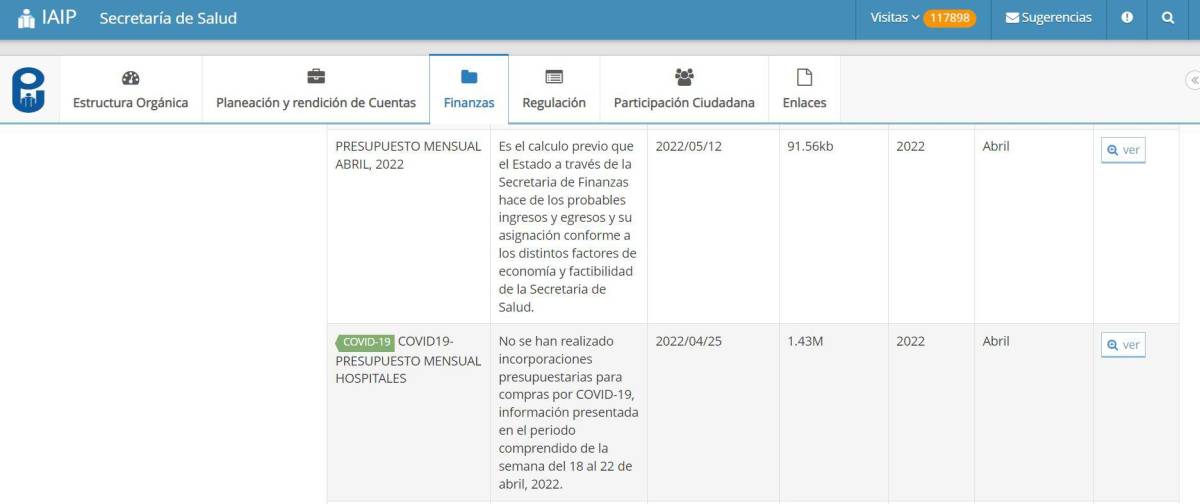 Portal de transparencia de la Secretaría de Salud. El último reporte se subió en mayo y corresponde a los informes de abril.