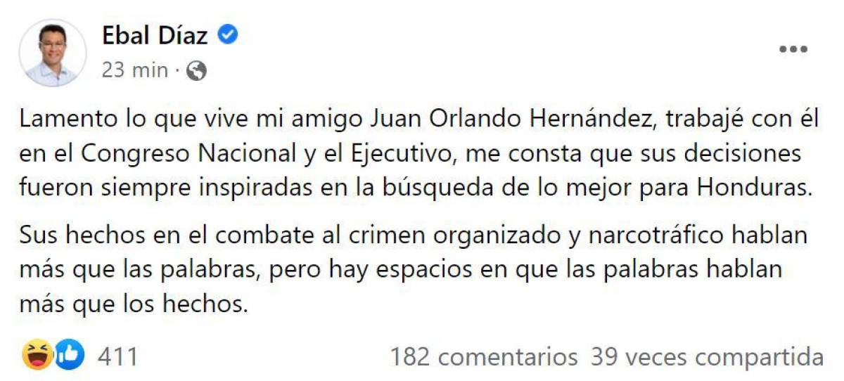 Ebal Díaz sobre extradición de JOH: “Lamento lo que vive mi amigo”