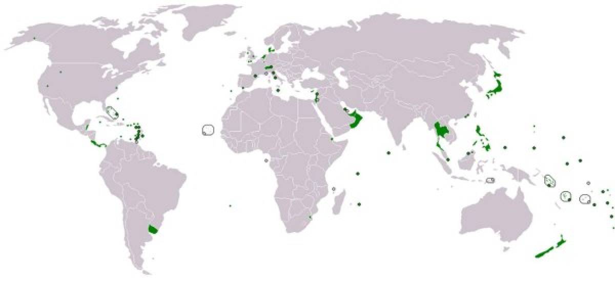 Ubicación geográfica de las naciones que cuentan con paraísos fiscales.