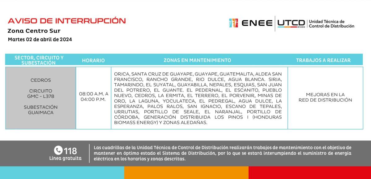 Cortes de energía programados para este martes 02 de abril en Honduras