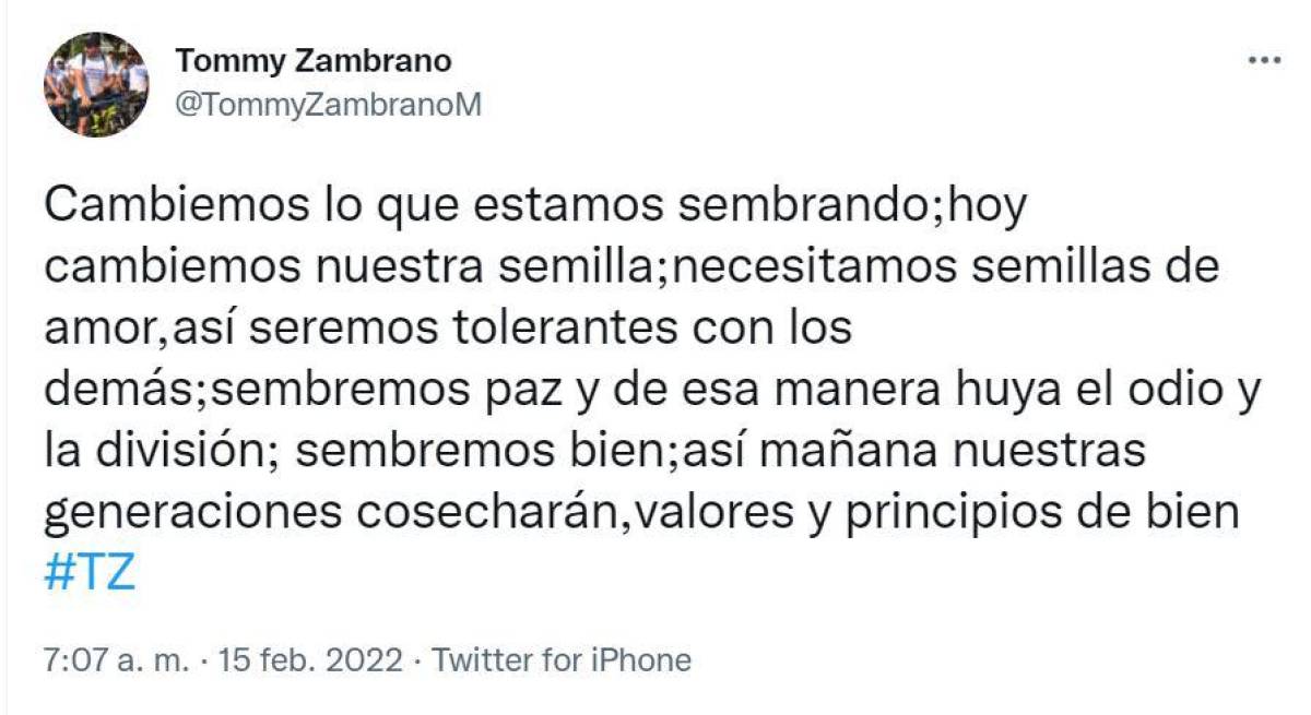 “Cambiemos lo que estamos sembrando”, el mensaje de Tomás Zambrano