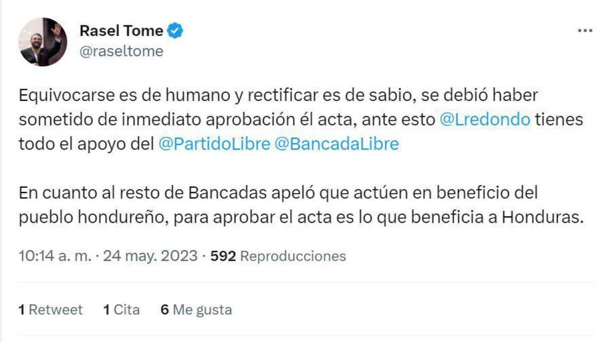 Rasel Tomé: “Equivocarse es de humano... Se debió haber sometido de inmediato aprobación el acta”