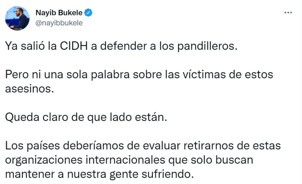 Nayib Bukele acusa a la CIDH de defender a pandilleros salvadoreños