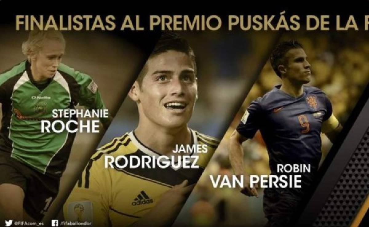 James ante Van Persie y Stephanie Roche por el Puskás