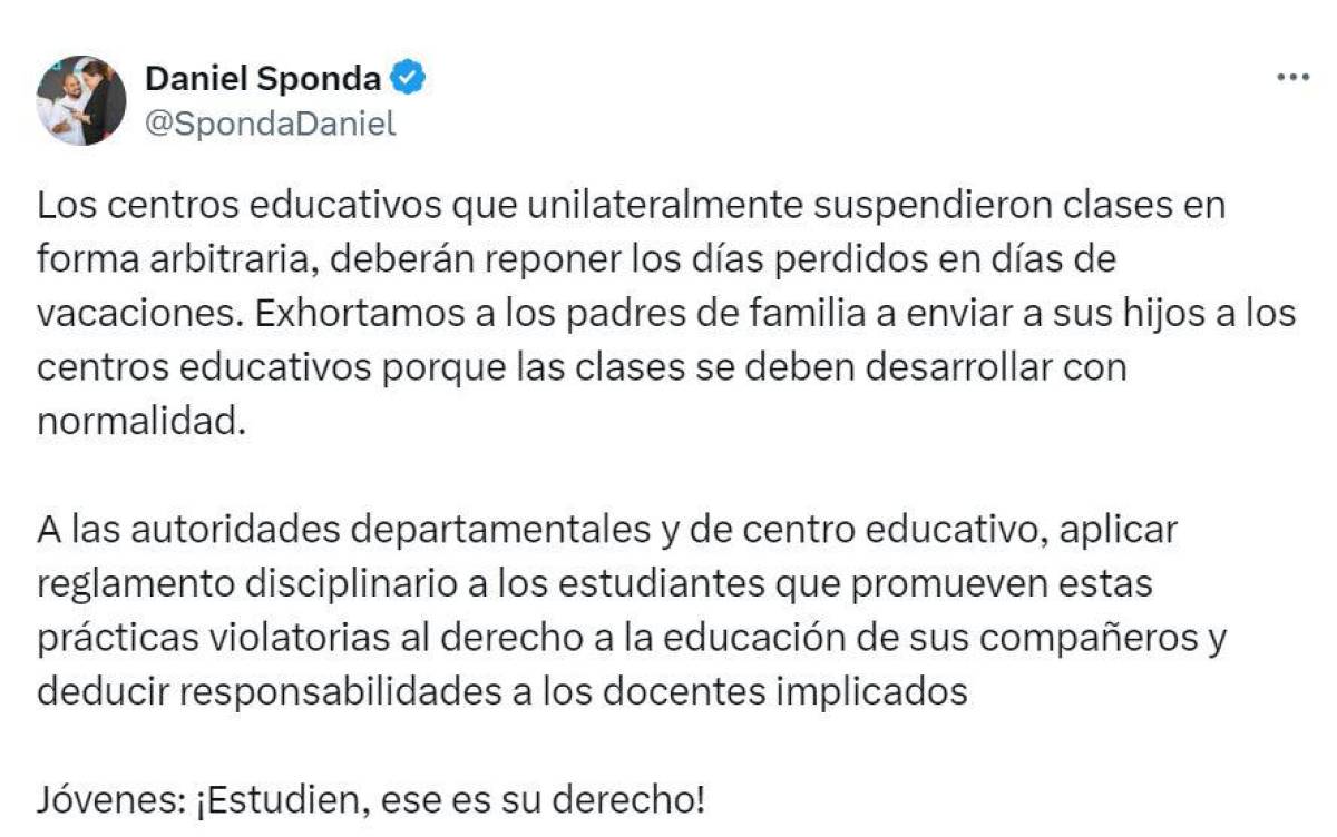 Sponda advierte que repondrán días en vacaciones si se toman de nuevo semana de estudiante