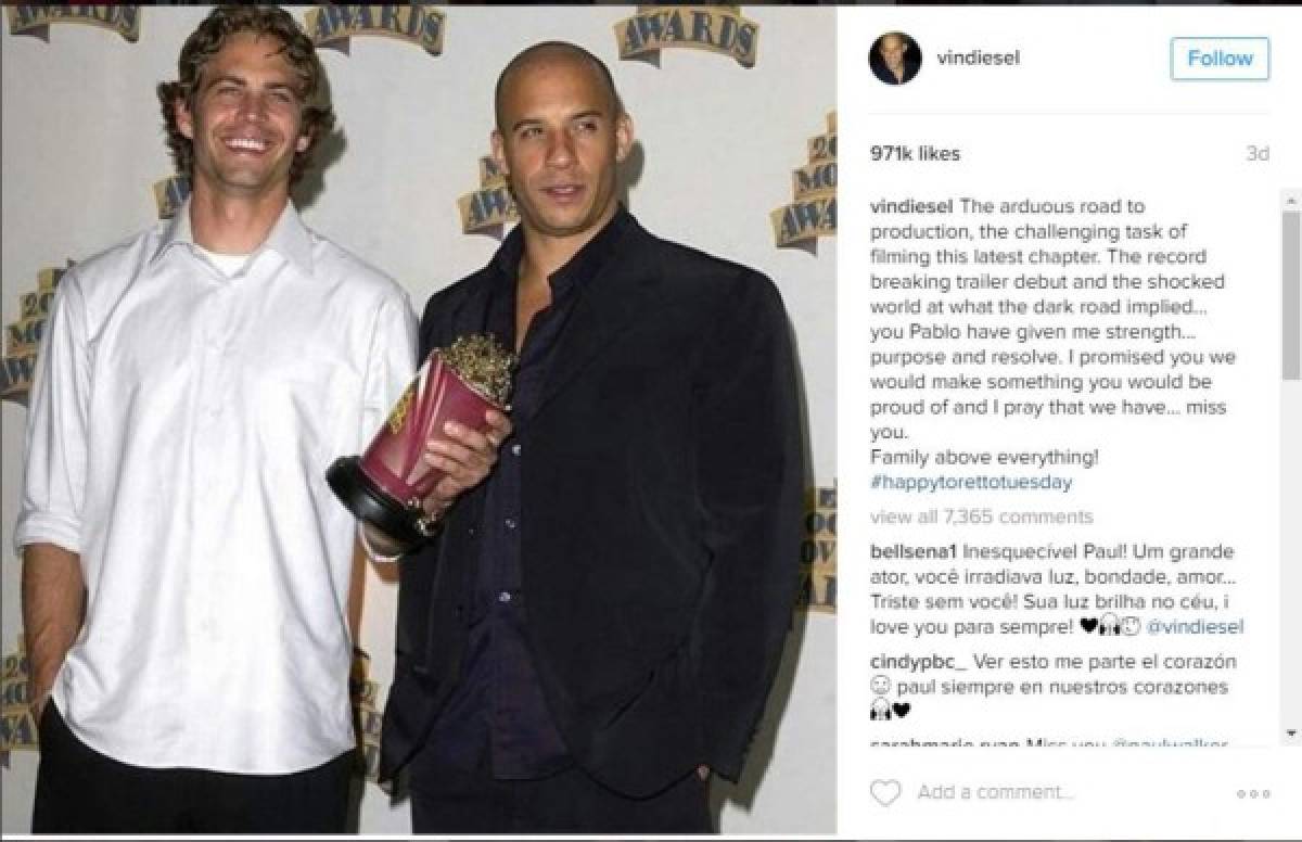 Este fue el mensaje que escribió Vin Diesel en su cuenta de Instagram. Foto: Instagram