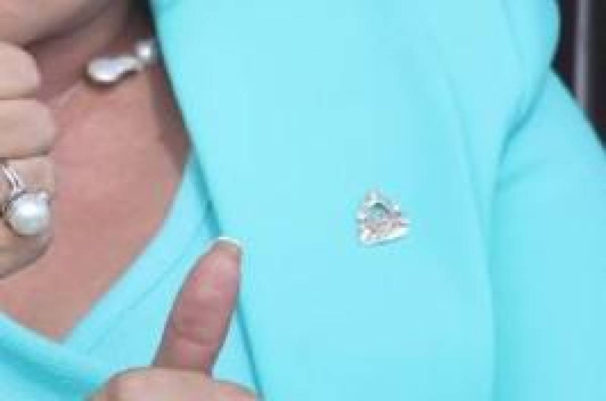 Un prendedor en plata con diseño del Escudo Nacional completó el outfit.