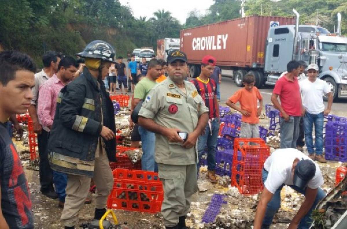 Cinco heridos tras volcamiento de camión cargado de huevos