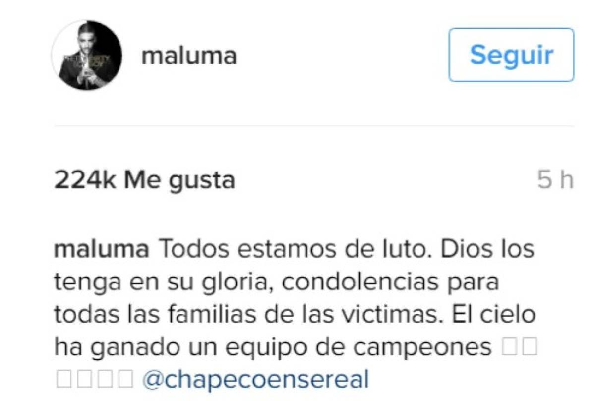 Maluma: 'El cielo ha ganado un equipo de campeones', ante tragedia aérea del equipo brasileño Chapecoense