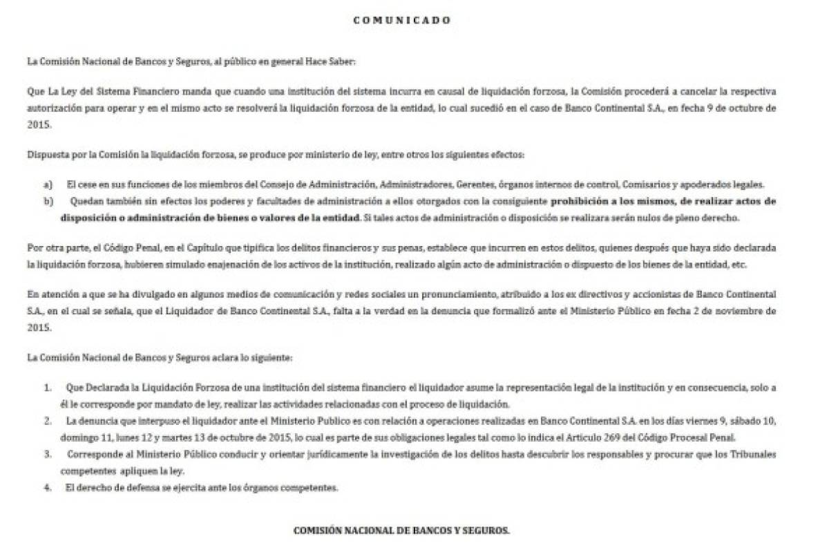 CNBS emite comunicado sobre caso Continental