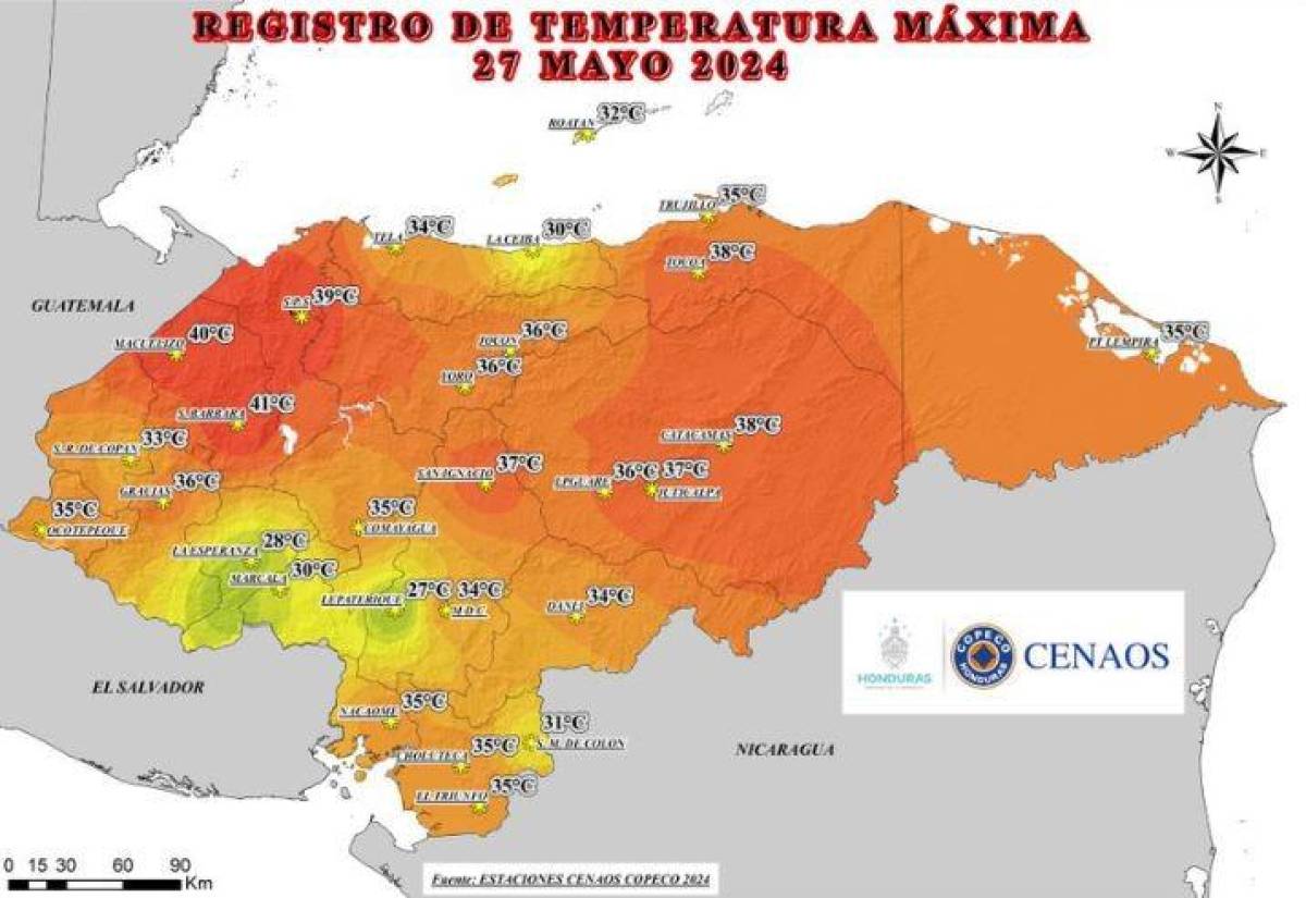 Así se registró el mapa de calor que experimentó este 27 de mayo el territorio hondureño.