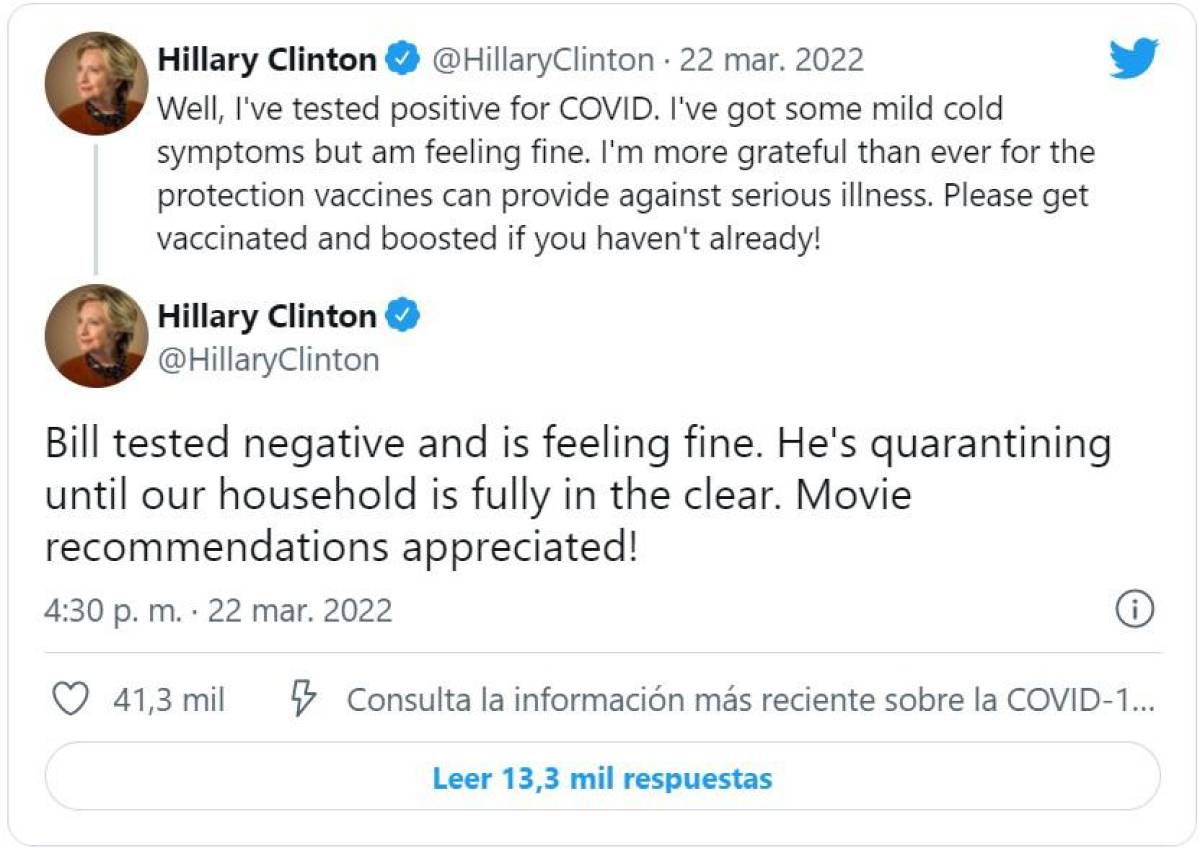 Hillary Clinton da positivo a covid-19: “Me siento bien”