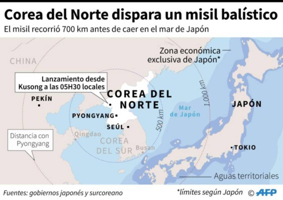 Este es el segundo lanzamiento de misil en cerca de dos semanas y el primero desde que el presidente Moon Jae-In llegó al poder en Corea del Sur. Foto: AFP