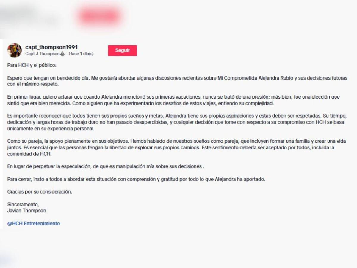 Javian Thompson responde a quienes dicen que él manipula a Alejandra Rubio