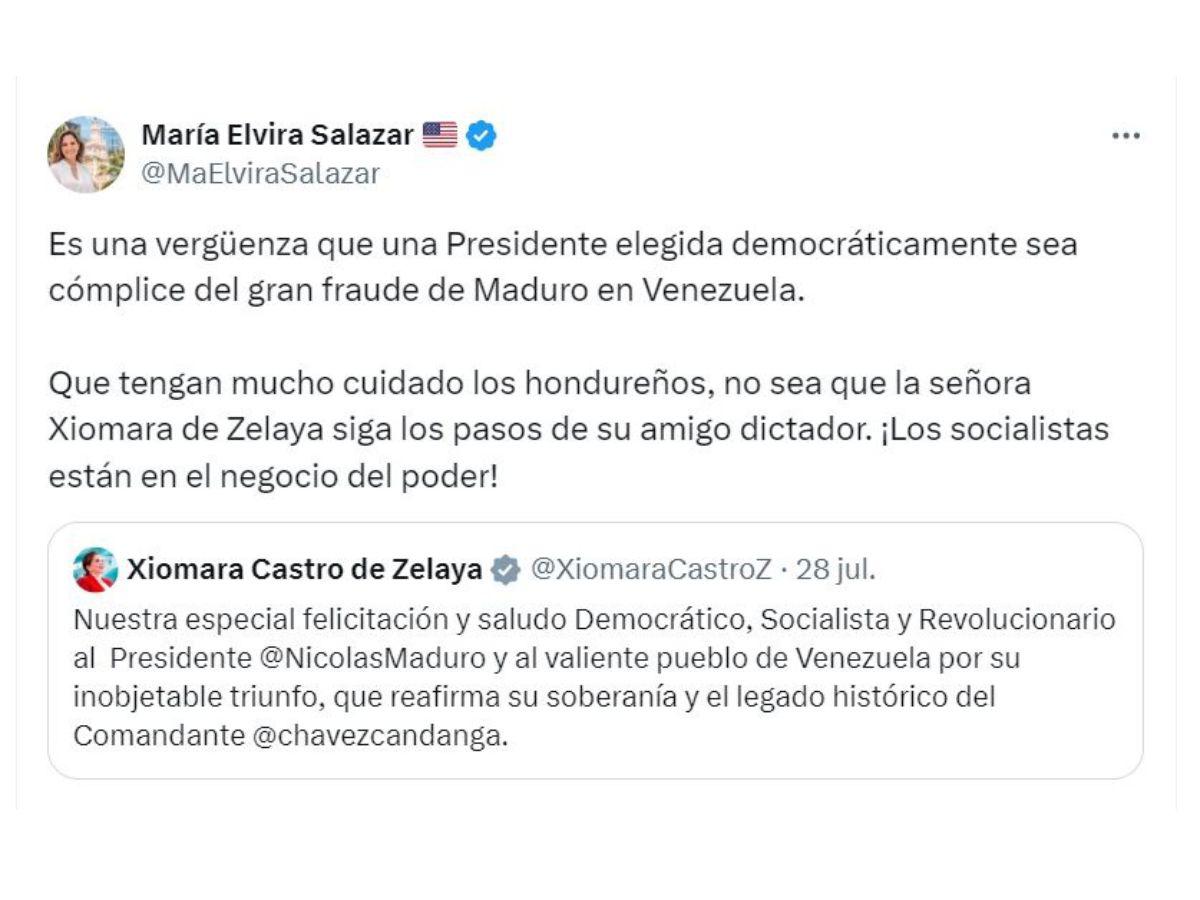 Congresista de EUA critica a Xiomara Castro por felicitar a Maduro: “Es una vergüenza”