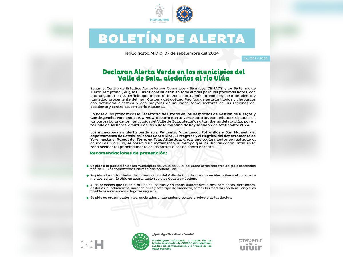 Alerta verde en municipios aledaños al río Ulúa, en el Valle de Sula