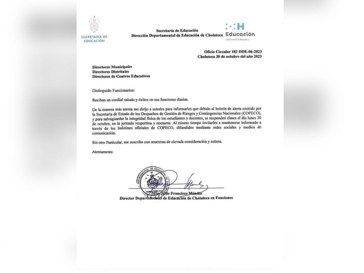 Comunicado emitido por la departamental de Choluteca sobre la suspensión de clases.