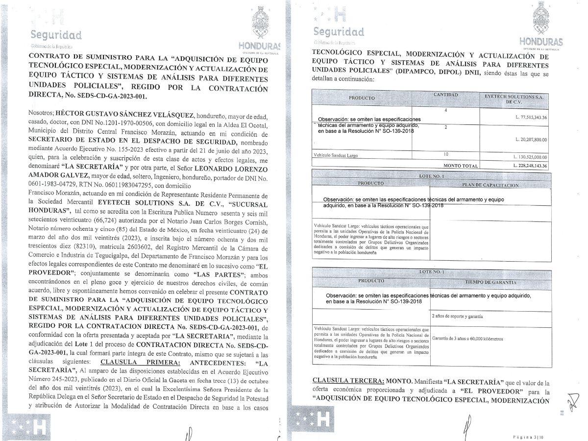 $!Los documentos en poder de la Unidad Investigativa de El Heraldo Plus evidencian que la empresa que está proveyendo de equipo a la Secretaría de Seguridad es la misma que suministró equipo de espionaje a El Salvador.