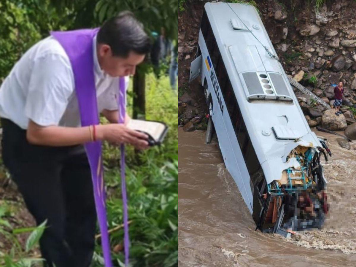 Sacerdote oficia misa en lugar del accidente de bus con migrantes en Copán