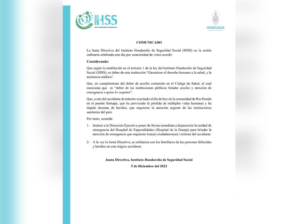 IHSS pone a disposición sala de emergencias para atender heridos en accidente