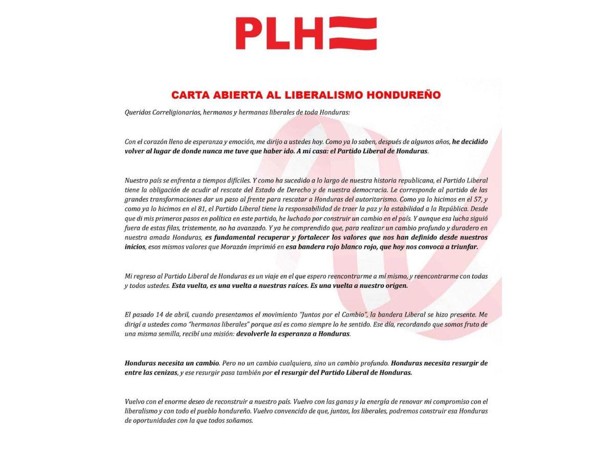 ¿Qué dice la carta de Jorge Cálix dirigida al Partido Liberal?